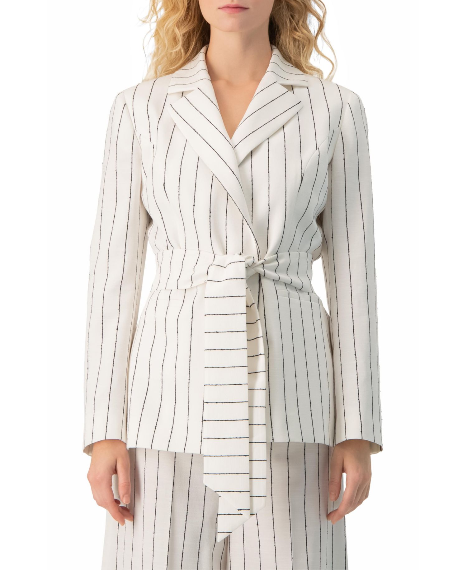 Women's Pinstripe Self-Tie Belted Wrap Tailored Blazer