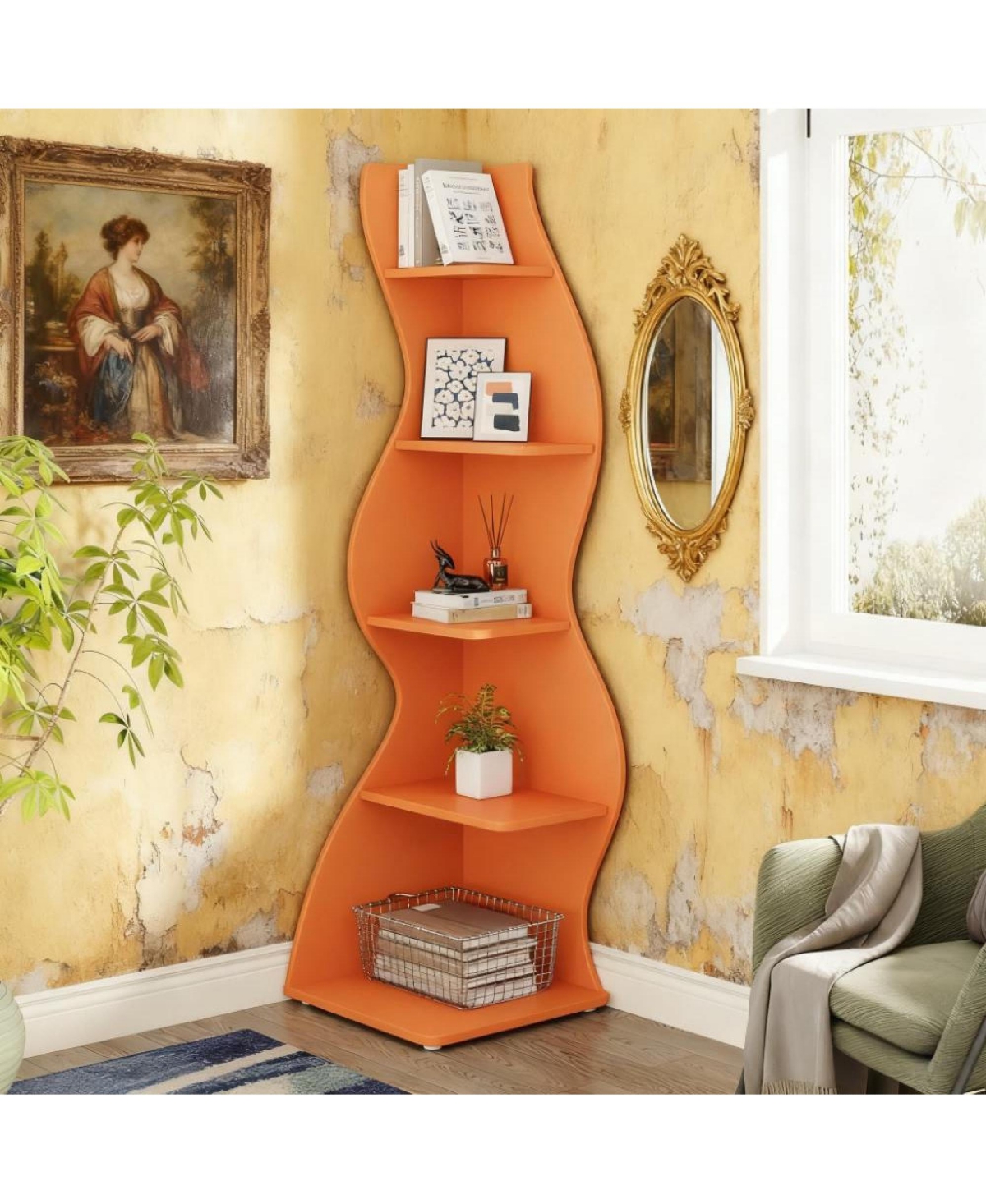 Rainsken 5-Tier Wall Corner Bookshelf, Modern Bookcase Storage Rack with Adjustable Shelves, Unique Shape for Living Room