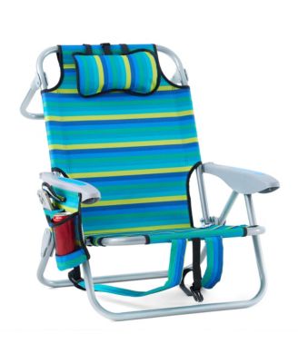 Portable Recliner Chair Camping Folding Lay Flat 5 Positions Headrest Pouch Cup Holder Striped