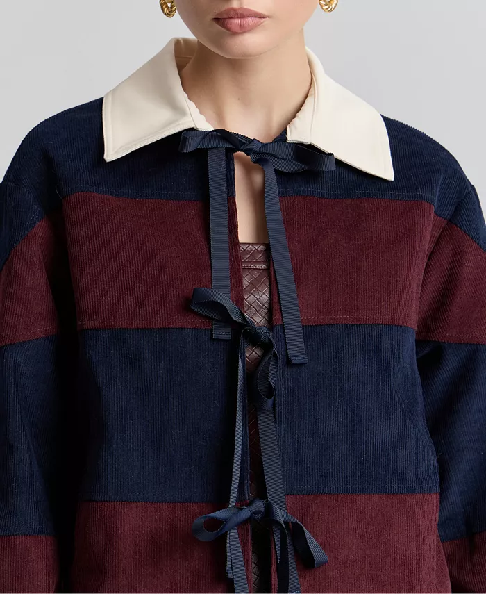 Women's Striped Rugby Front Tie Jacket - thumbnail 4