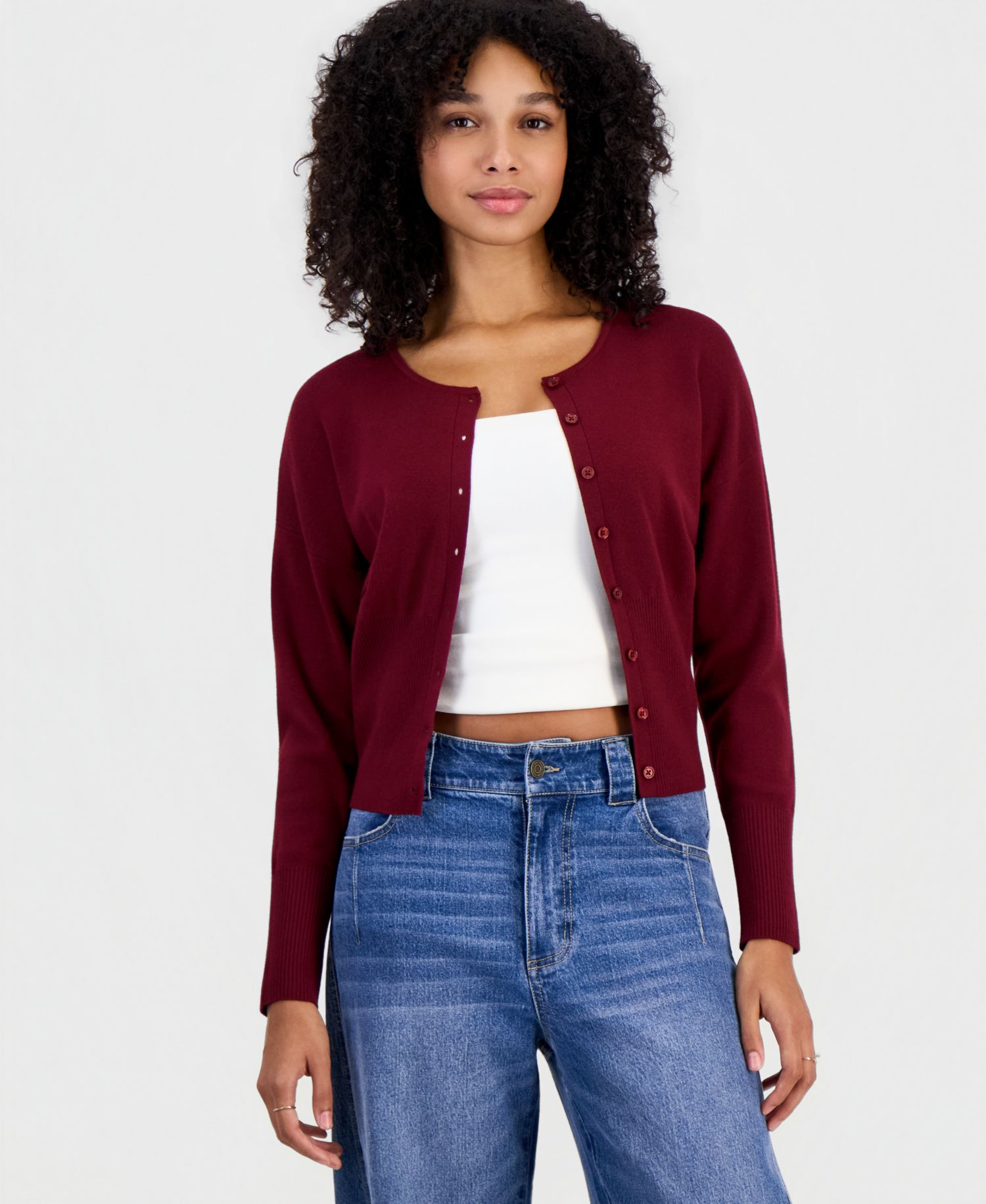 Juniors' Drop Shoulder High Rib Crewneck Cardigan