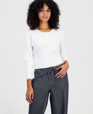 Juniors' Drop Shoulder High Rib Crewneck Cardigan
