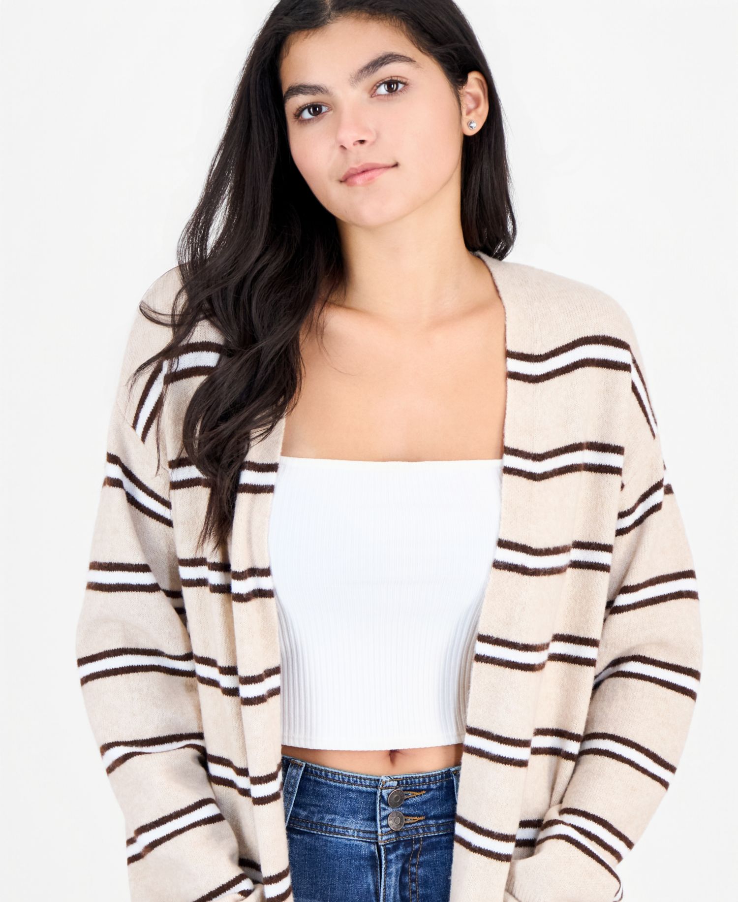 Juniors' Striped Open-Front Duster Cardigan