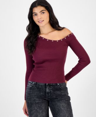 Juniors' Asym Neckline Grommet Ribbed Sweater