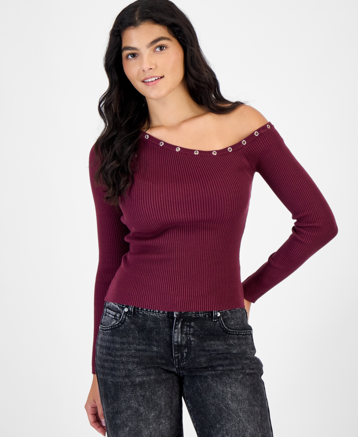 Sincerely Jules Juniors' Asym Neckline Grommet Ribbed Sweater In Burgundy