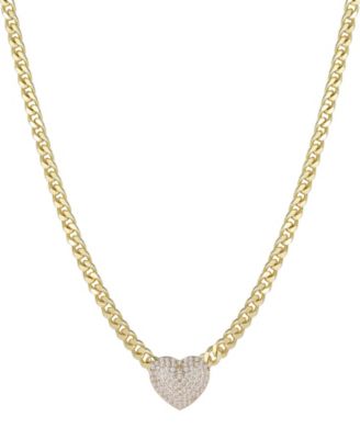 Gold Chunky Cubic Zirconia Heart Curb Chain Necklace