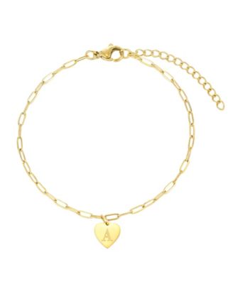 Tarnish Resistant Gold Initial Engraved Heart Paperclip Chain Bracelet