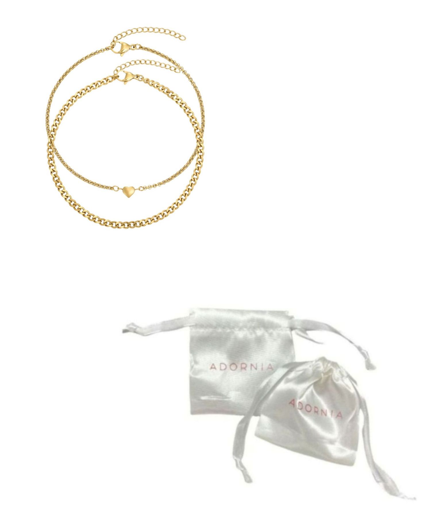 Tarnish Resistant Gold Set of 2 Heart and Curb Chain Anklet Set