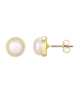 Gold Natural Freshwater Pearl Button Stud Earrings