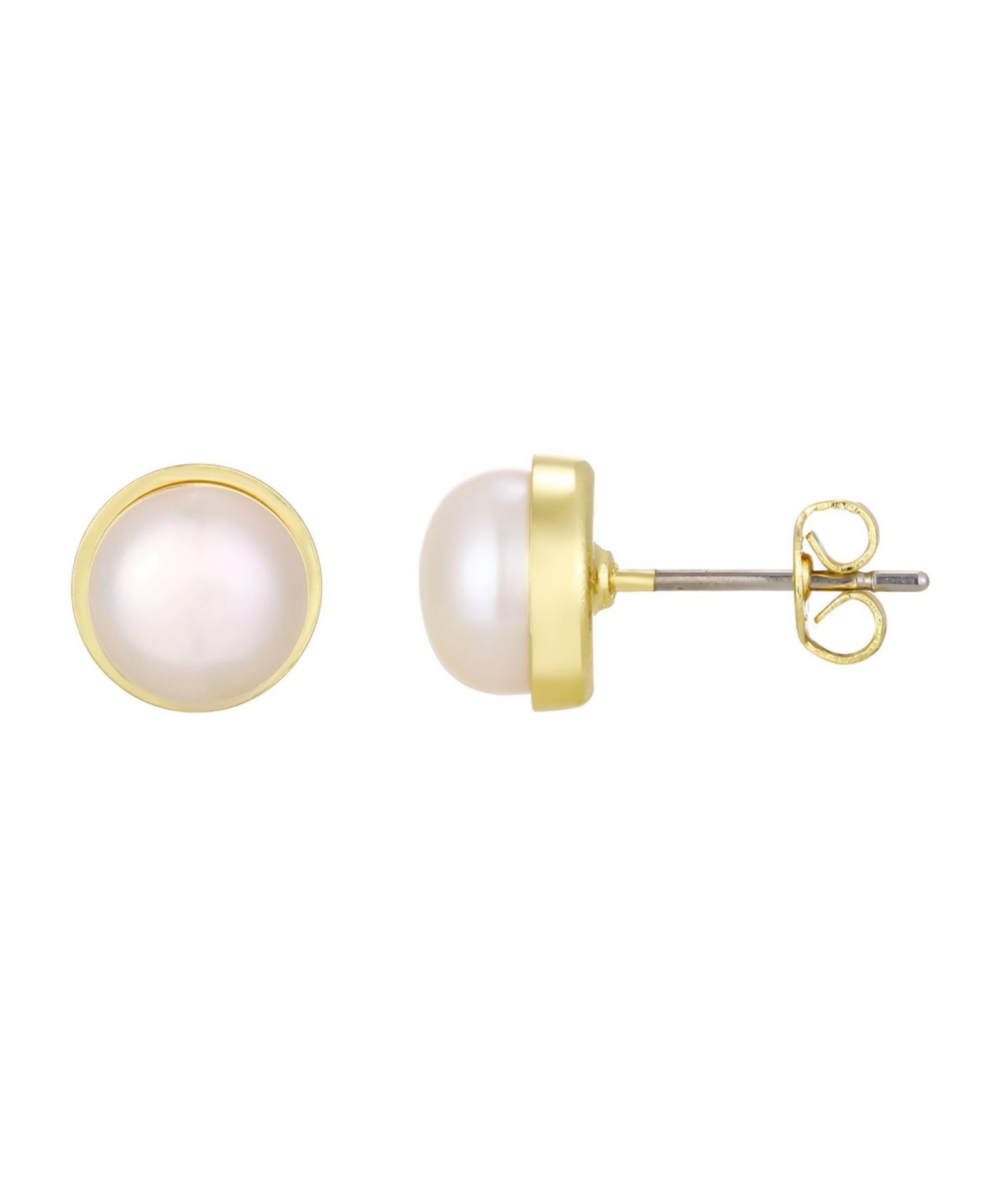 Gold Natural Freshwater Pearl Button Stud Earrings