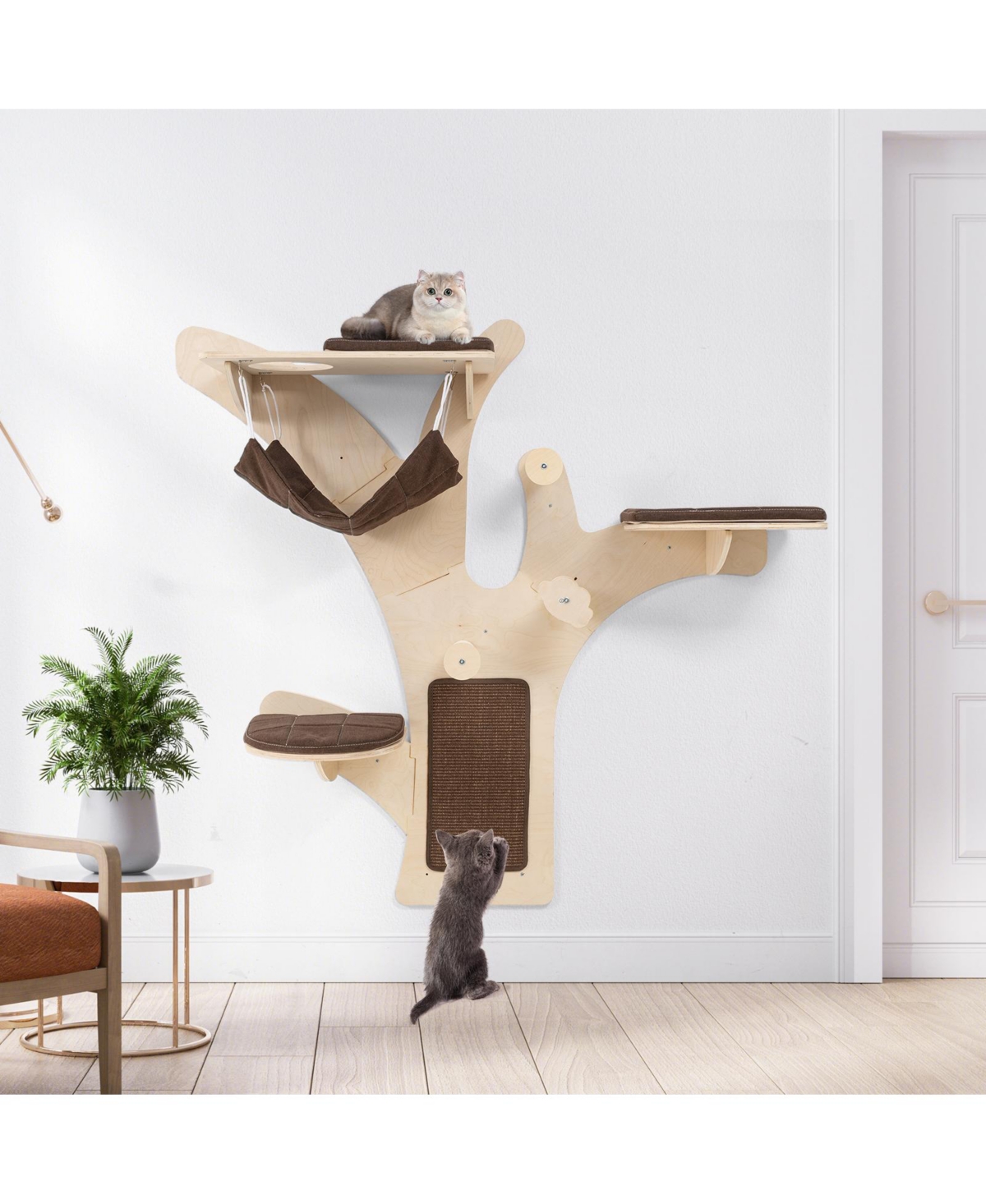 Gymax Wall-Mounted Cat Tower with Perch Hammock Sisal Scratching Posts and Mat Cushions