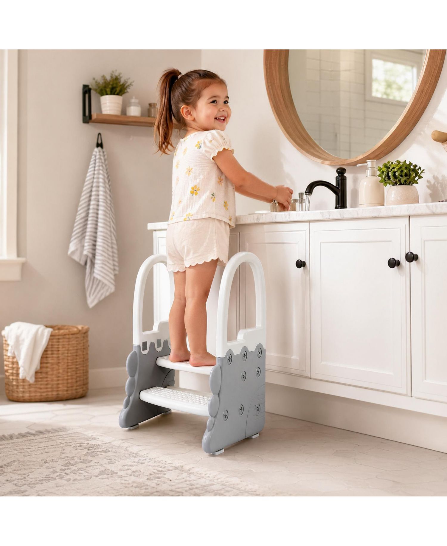 Non-Slip Handles and Stable Design 2-Step Toddler Step Stool - Plastic Step Stool for Bathroom Basin, Kitchen Counter and Potty Training