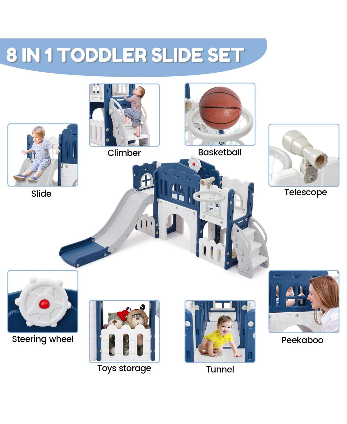 Детский игровой набор homfan 8-in-1 Toddler Playground Indoor-Outdoor Playset, For 2 to 3 Players, Ages 1-3, цвет: Синий — фото 5
