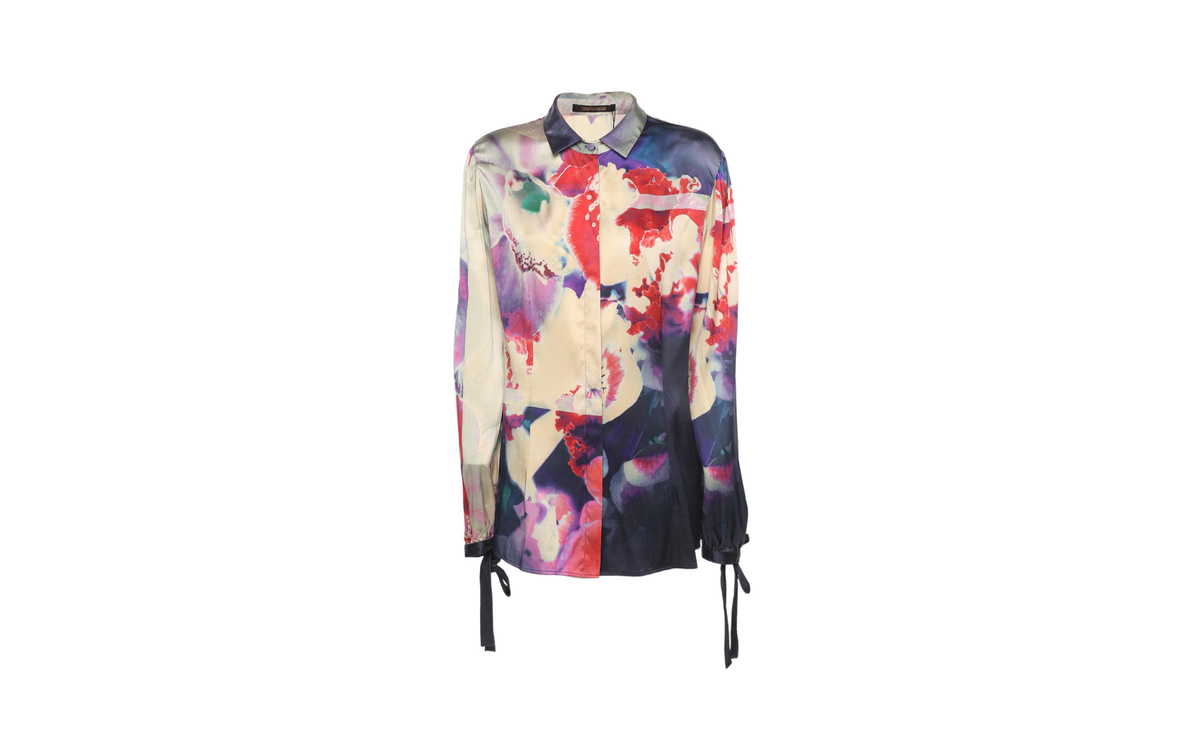 Pre-Owned Roberto Cavalli Women's Floral Print Silk Button-Down Shirt