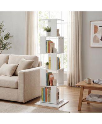 5-Tier 360 Degree Rotating Bookshelf Wood Veneer and Acrylic Panel Anti-Tip Base Modern Home Display Storage Rack