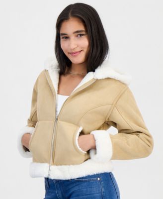 Juniors' Hooded Faux-Suede Sherpa-Lined Jacket