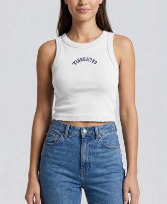 Women's White Cal Bears Upside Down Embroidery Ribbed Cropped Tank Top
