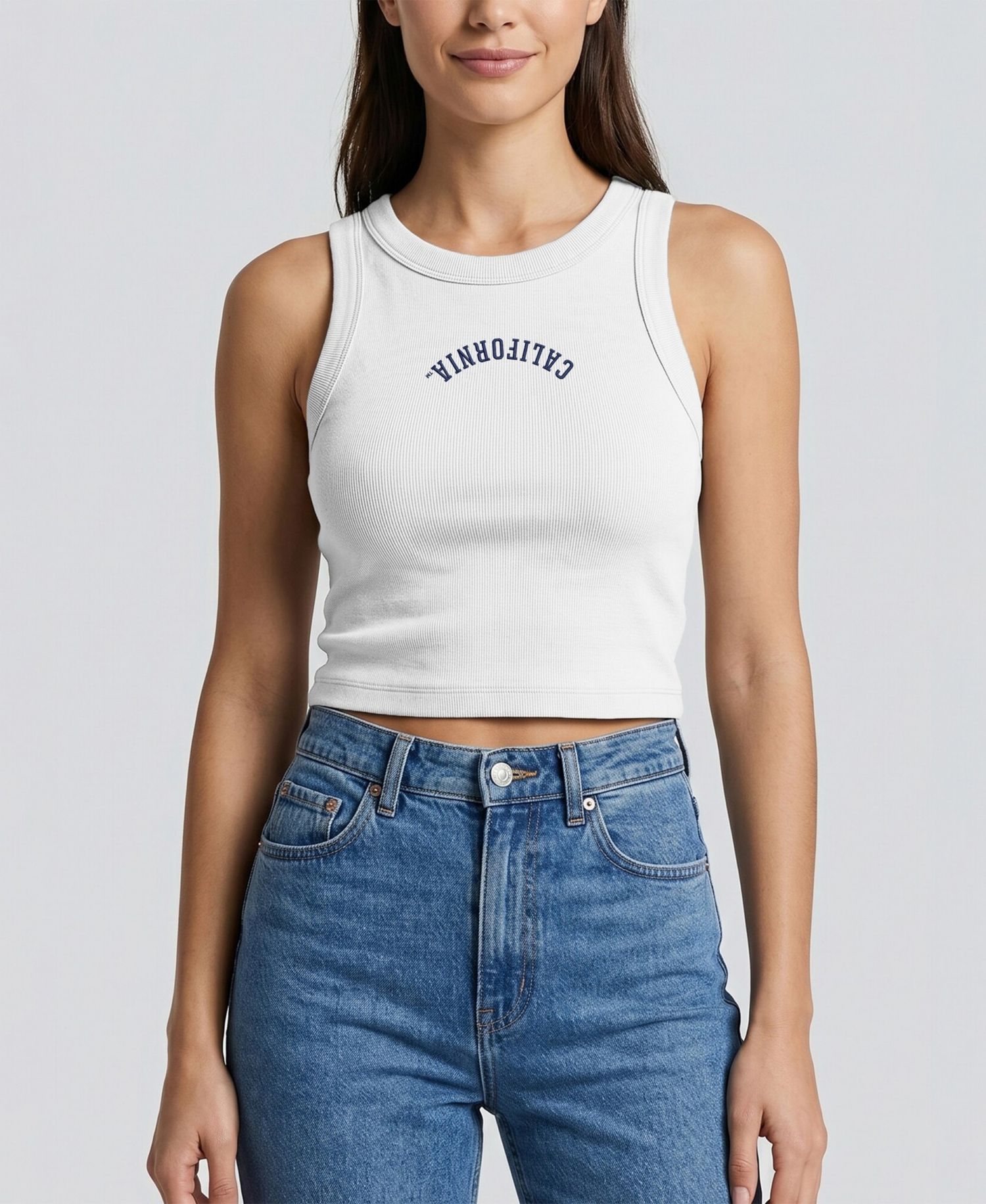 Women's White Cal Bears Upside Down Embroidery Ribbed Cropped Tank Top