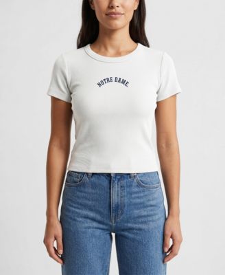 Women's White Notre Dame Fighting Irish Upside Down Embroidery Ribbed Cropped T-Shirt