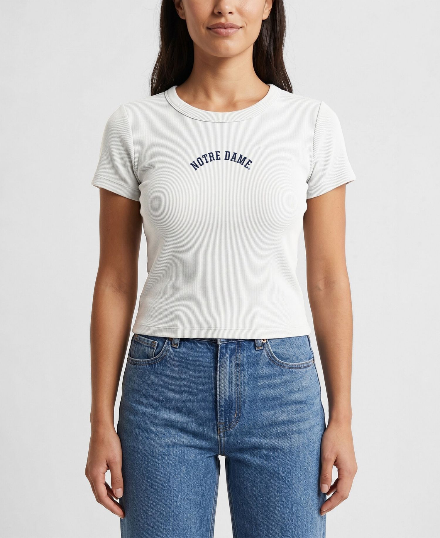 Women's White Notre Dame Fighting Irish Upside Down Embroidery Ribbed Cropped T-Shirt