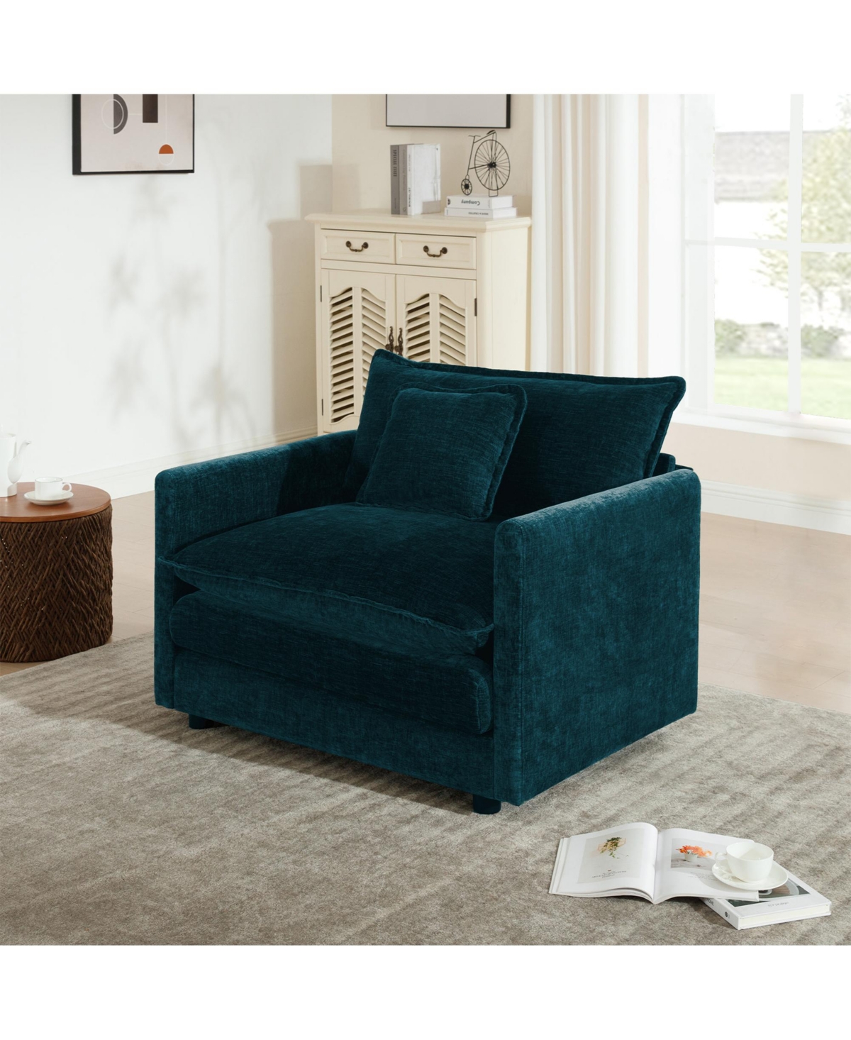 Boyel Living Comfy Deep Single Seat Sofa Upholstered Reading Armchair Room Chair Chenille Fabric , 1 Toss Pillow