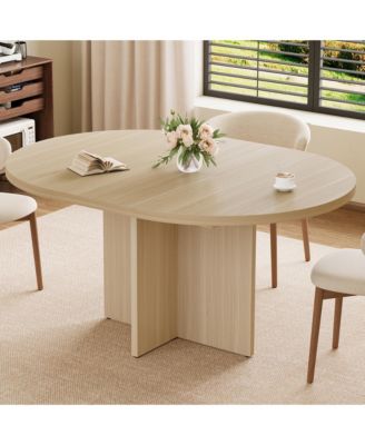Extendable Round Dining Table, Space Saving Modern Kitchen Table with Removable Extension Leaf and Cross Wood Base, for Dining Room