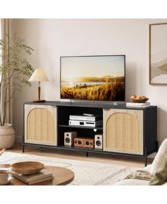 Rattan Door TV Stand Media Console with Adjustable Shelving Open Storage and Cable Management Stable Leveling Feet, Modern Entertainment Center