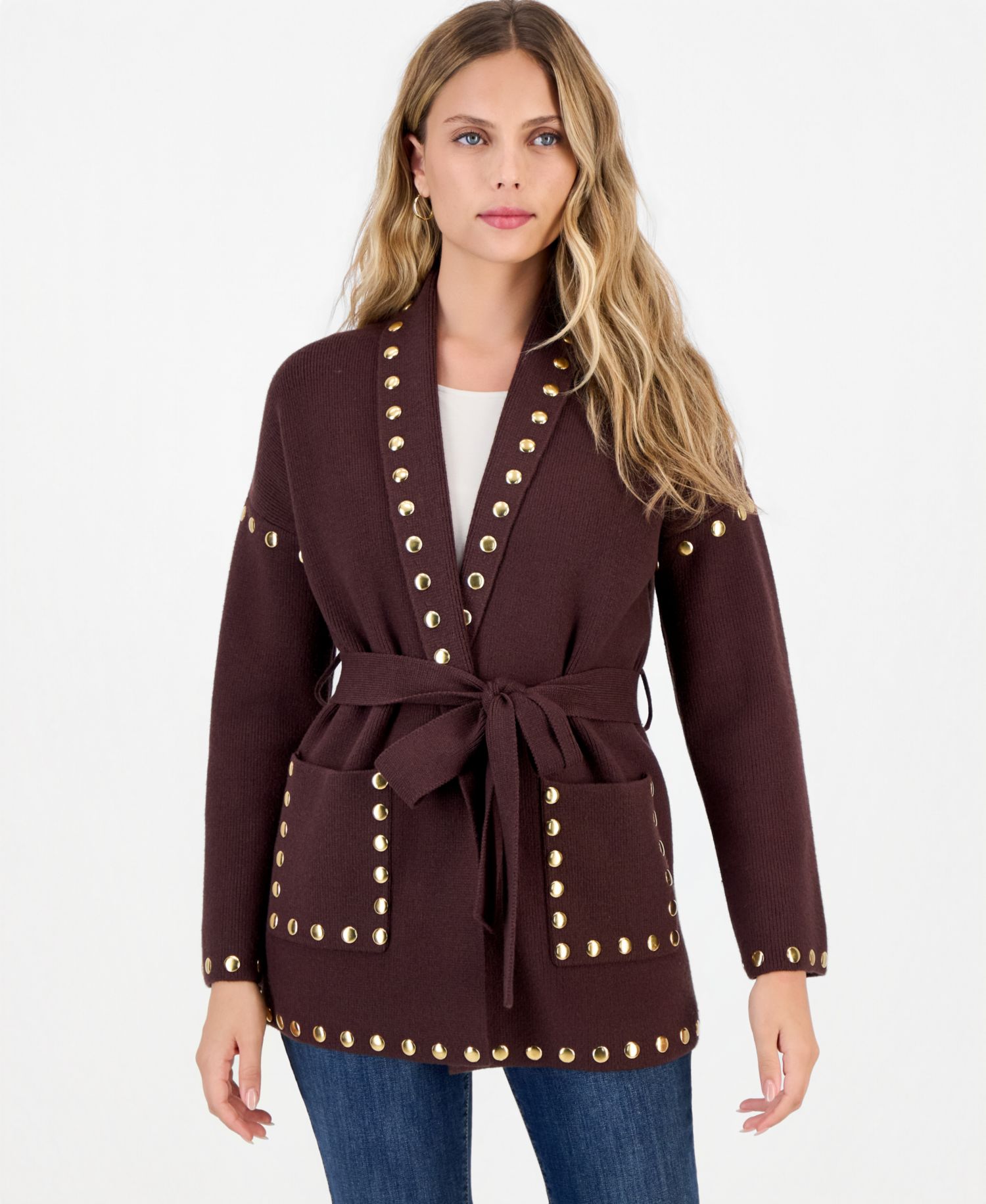Petite Studded Belted Cardigan