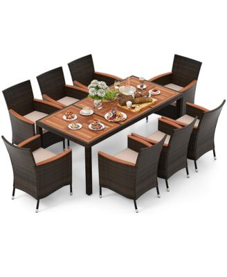 9 Piece Wicker Dining Set Acacia Wood Table Top Umbrella Hole Cushions Chairs Patio
