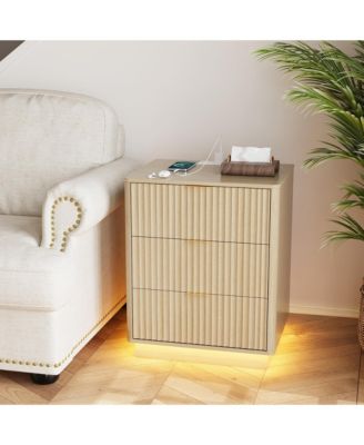Fluted Nightstand with Charging Station, Wooden Nightstand with LED Light, Modern Mid Century Bedside End Table with 3 Drawers,Bedroom