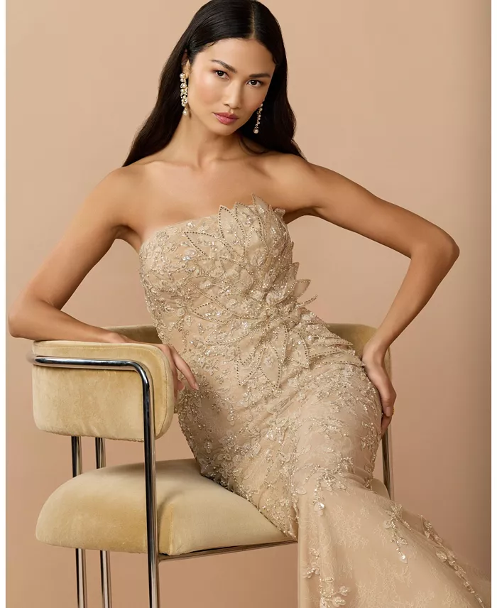 Petite Beaded Mermaid Gown with 3D Flowers - thumbnail 5