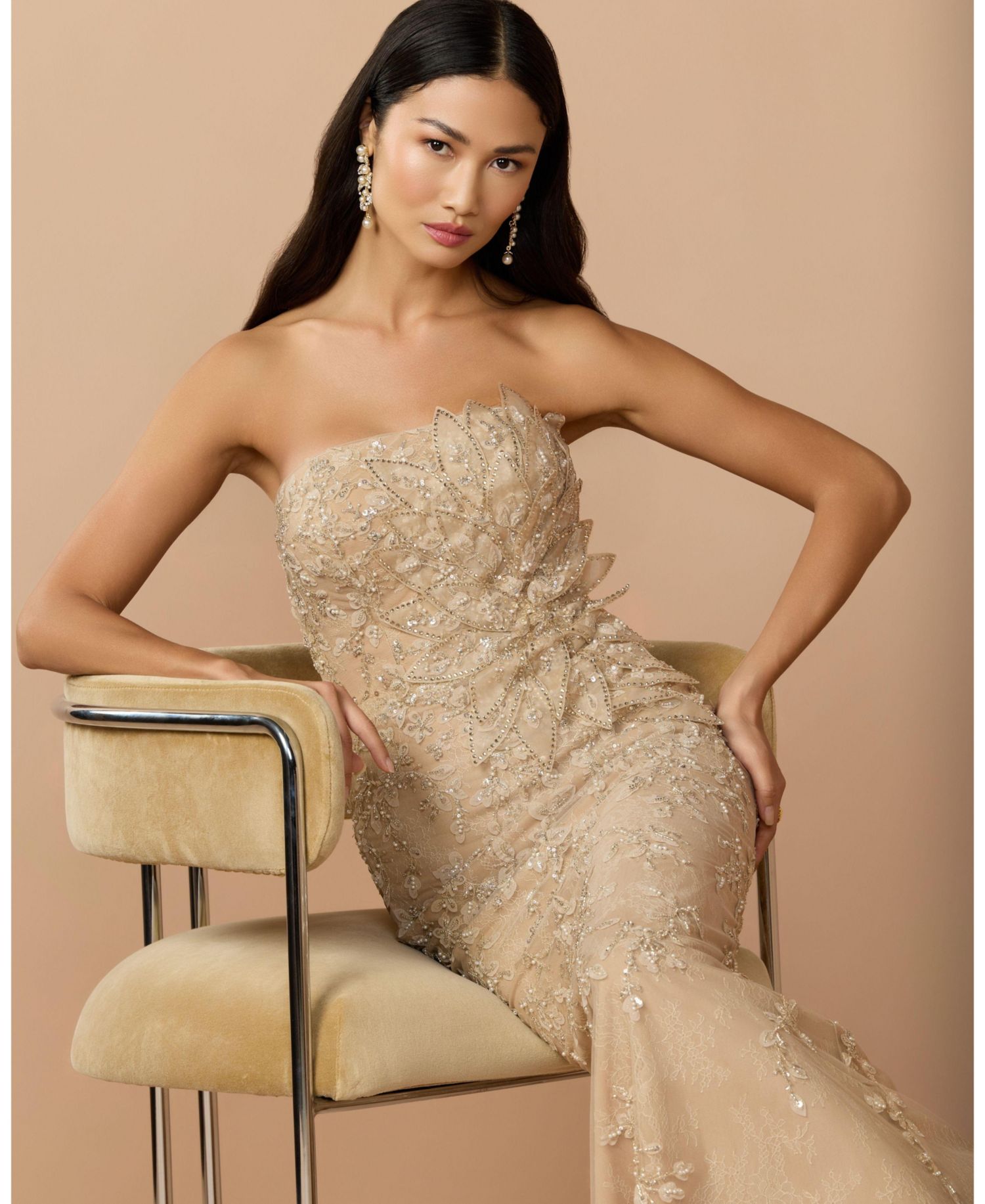 Petite Beaded Mermaid Gown with 3D Flowers