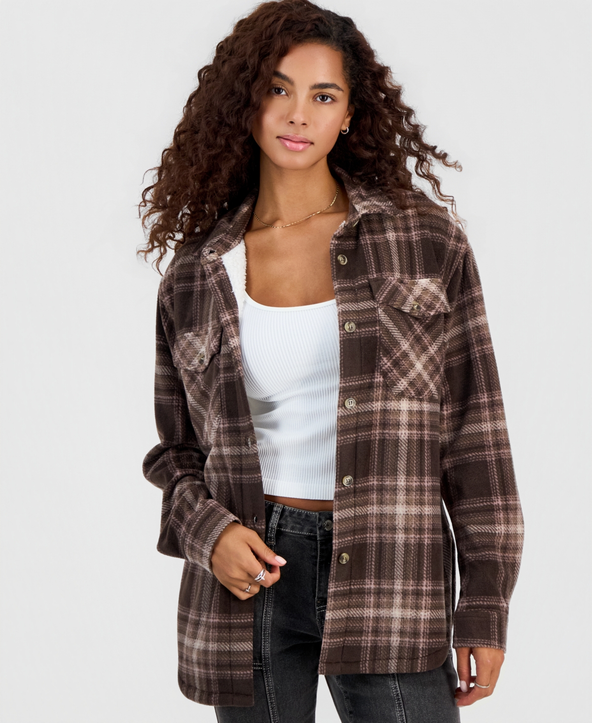 Just Polly Juniors' Sherpa Lined Plaid Shacket