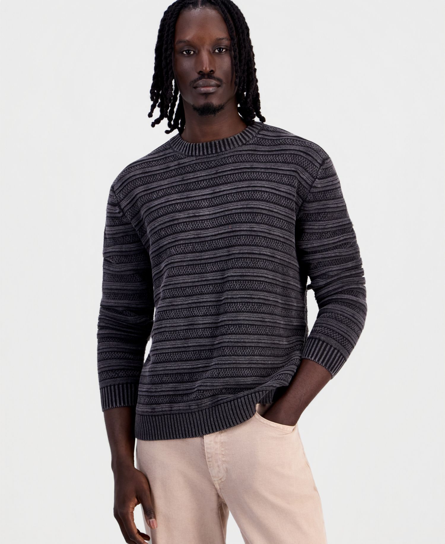 Men's Acid-Washed Textured Stripe Long-Sleeve Sweater