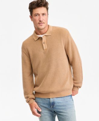 Men's Acid-Washed Long-Sleeve Cotton Polo Sweater