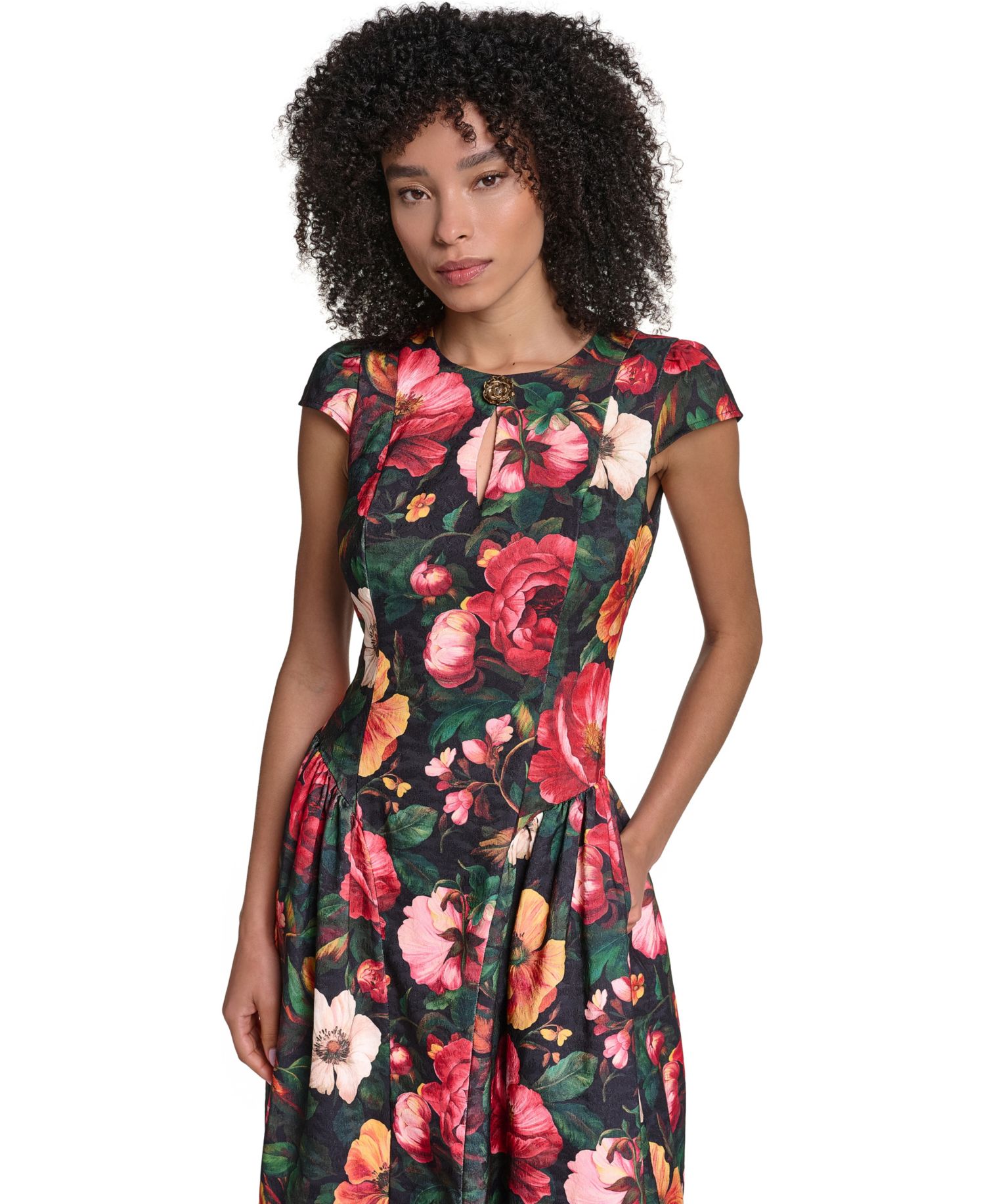 Women's Floral Print Jacquard Fit & Flare Midi Dress