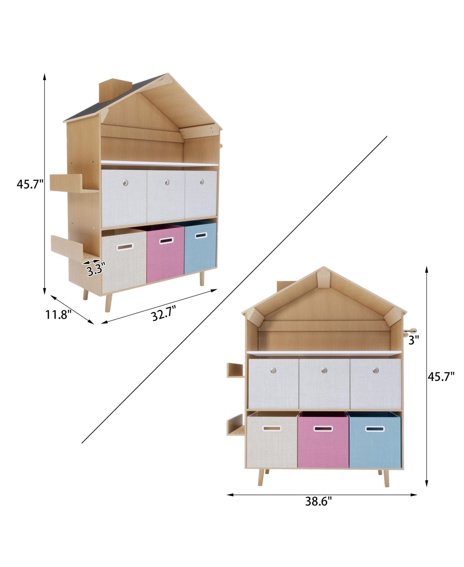 House-Style Kids Storage Cabinet, Multi-Bin Toy Organizer and Book Display Bookcase for Playrooms & Bedrooms