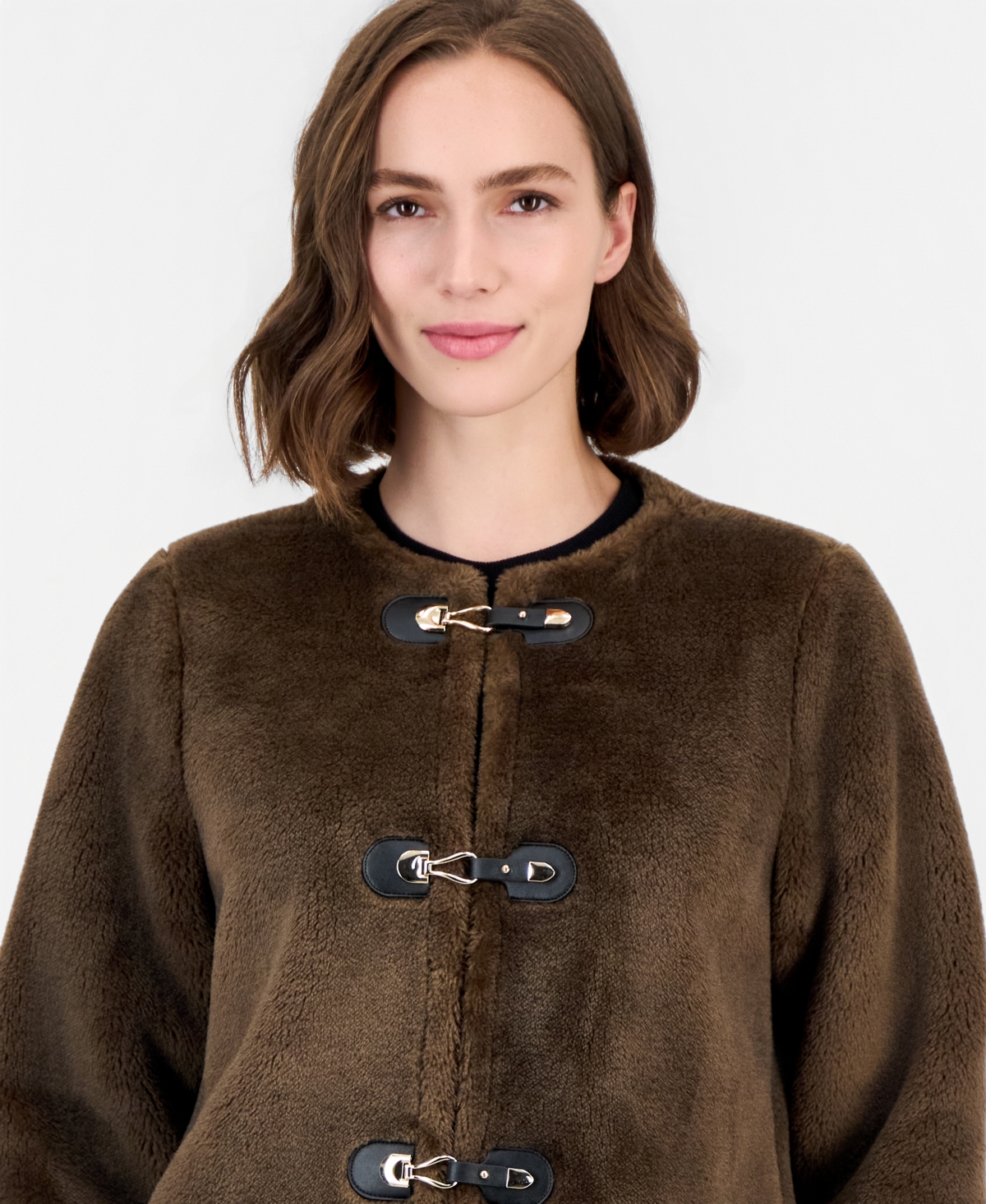 T Tahari Women's Cropped Buckled Faux Fur Coat