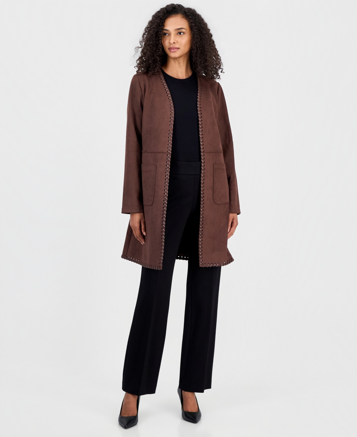T Tahari Women's Open-Front Faux-Leather Whipstitch Cardigan