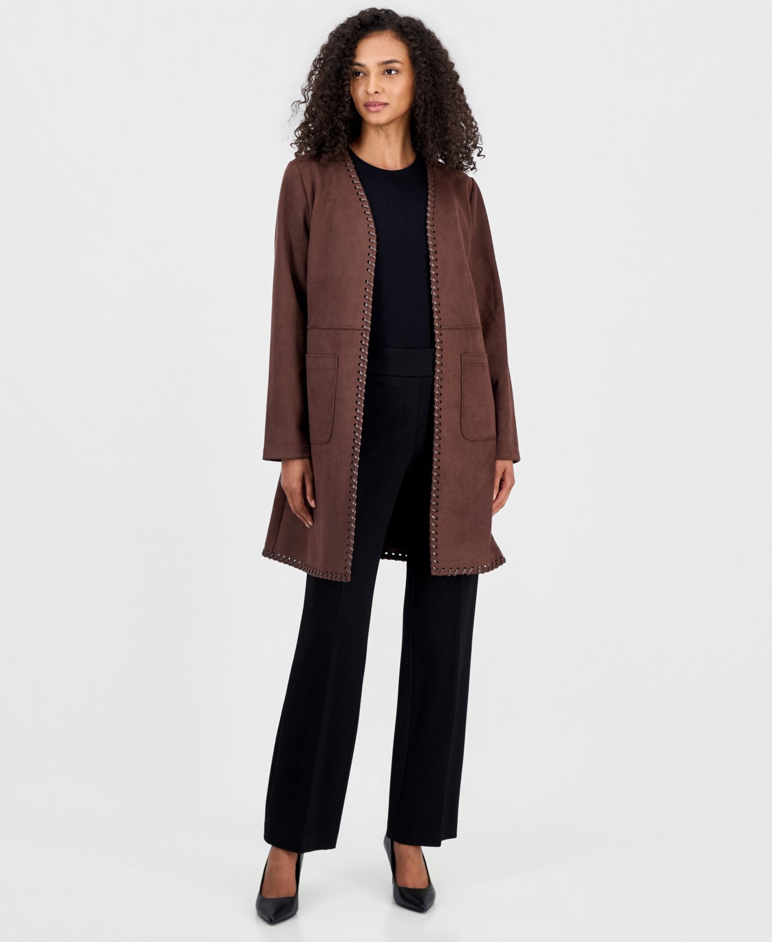 Women's Open-Front Faux-Leather Whipstitch Cardigan