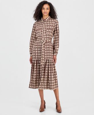 Women's Long-Sleeve Button-Down Peplum Midi Dress