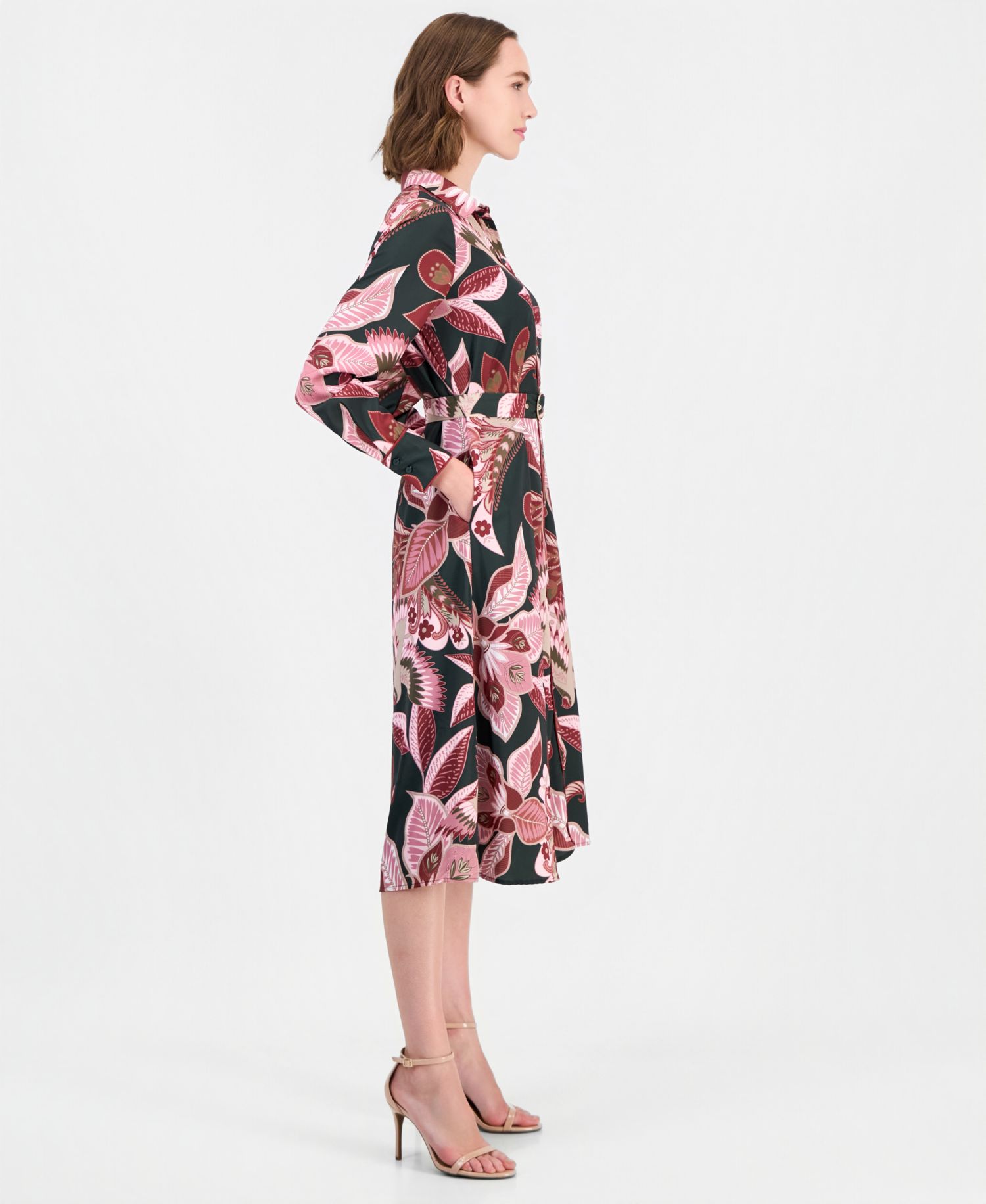 Women's Floral Long-Sleeve Fit-and-Flare Midi Dress