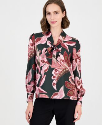 Women's Long-Sleeve V-Neck Bow Tie Floral-Print Blouse