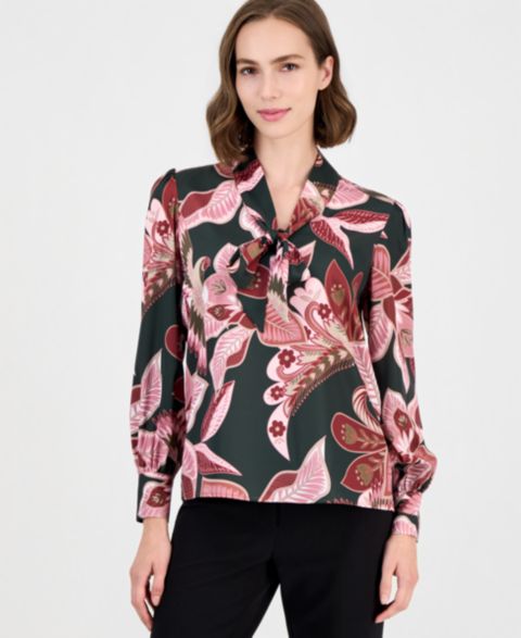 Женская блузка T Tahari Long-Sleeve V-Neck Bow Tie Floral-Print, цвет: С принтом