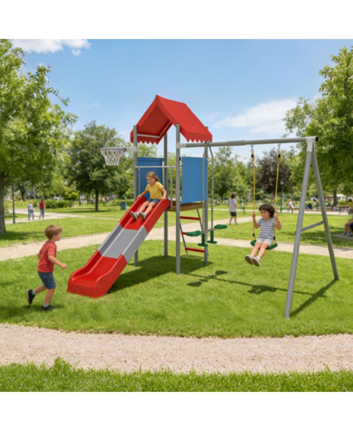Детские игрушки homfan 112 x 110 x 97 in Kids Outdoor Treehouse with Swing and Slides, Backyard Metal Frame Play Set for Children — фото 4