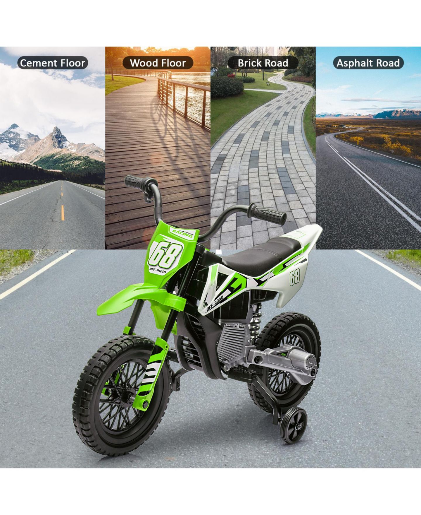 Детская игрушка homfan 12V Electric Dual Motor Dirt Bike with Training Wheels, 66 lbs Capacity, Ages 3-8, цвет: Зелёный — фото 4