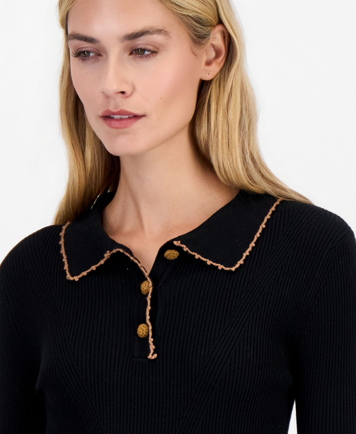 Women's Crochet-Tipping Long-Sleeve Polo