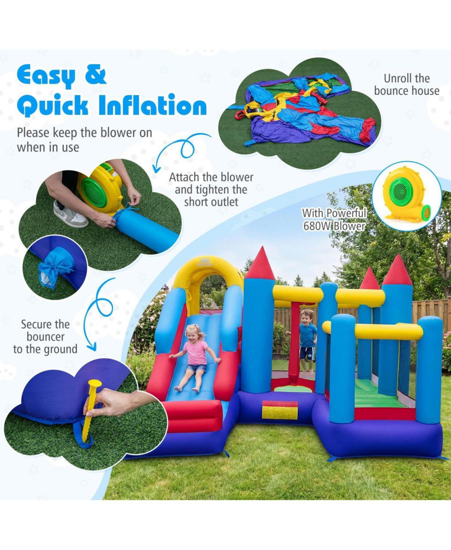 Детская игрушка Slickblue Kids Inflatable Bounce House with Slide and Included Blower, 3–12 лет, цвет: Разноцветный — фото 6