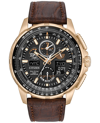 Citizen Eco-Drive Men's Analog-Digital Chronograph Skyhawk A-T Brown Leather Strap Watch 47mm JY8056-04E