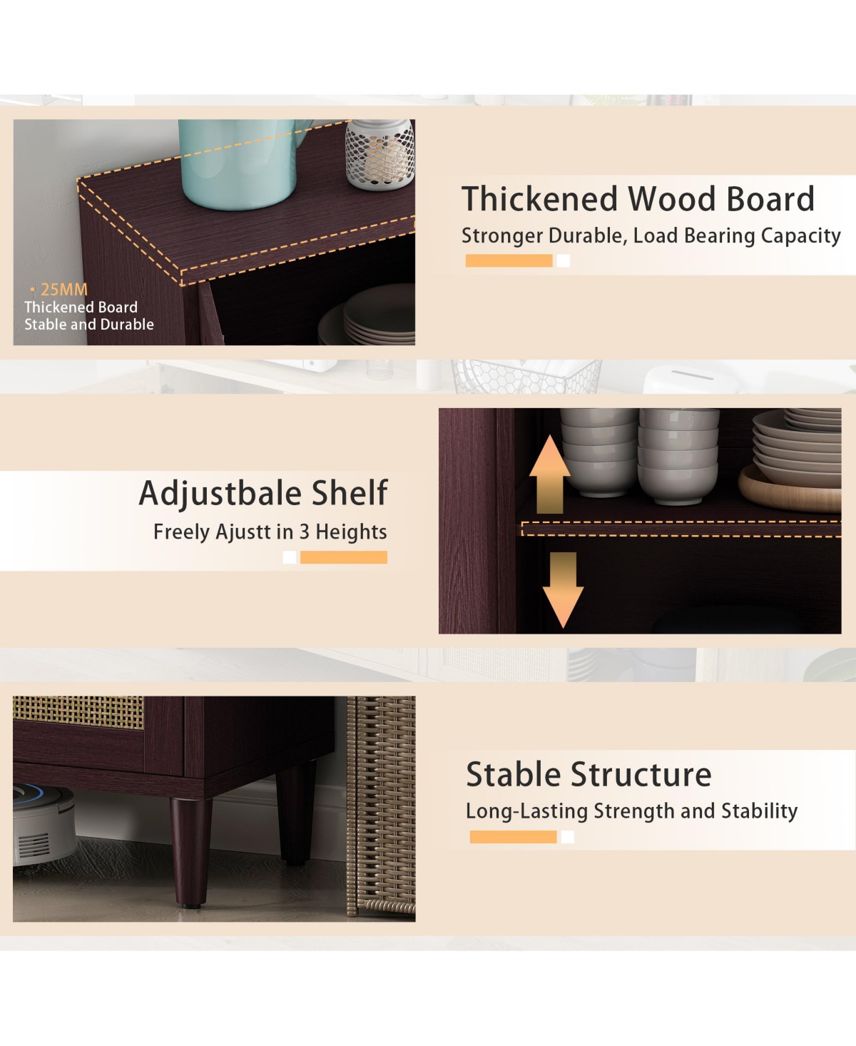 flynama 70 Inch Rattan Four-Door Sideboard Mdf Solid Wood Leg Adjustable Shelf Easy Assembly Home Storage Cabinet